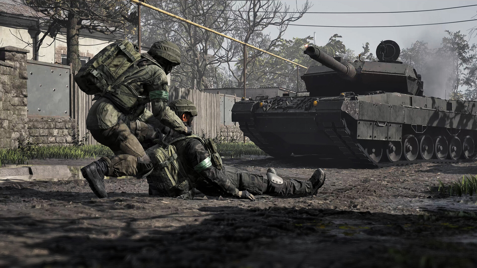 WARDOGS screenshot: a soldier helps a downed teammate beside a tank